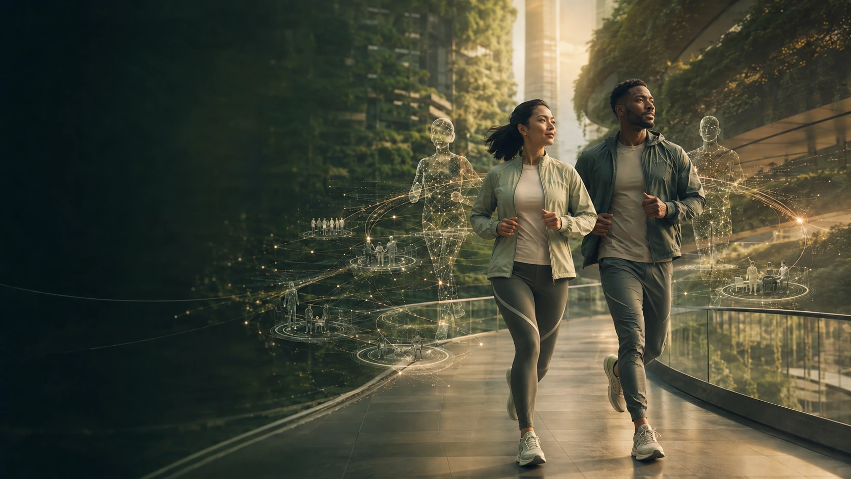 A pair in performance running wear moving through a connected organisational healthspan ecosystem